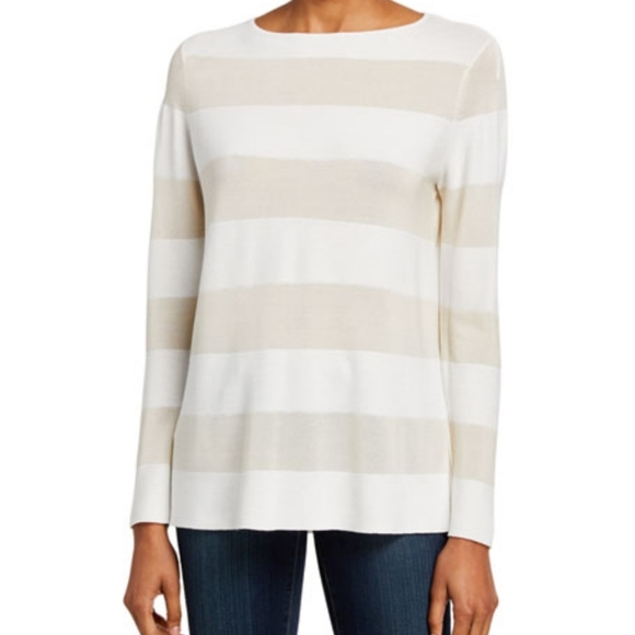 Lafayette 148 Striped Matte Crepe Bataeu-Neck Sweater Size Large